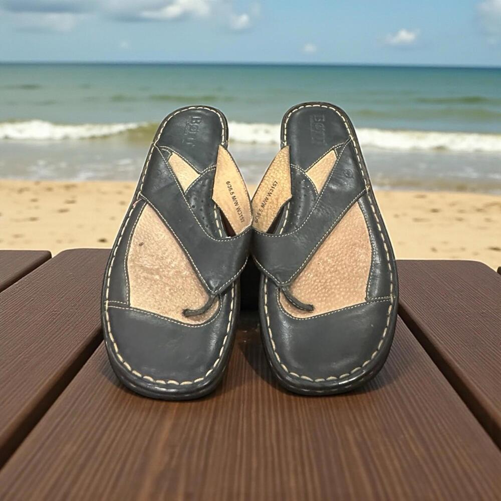 b.o.c Born Concept Leather Slide Thong Sandals Black Tan Comfort Women’s 6 36.5